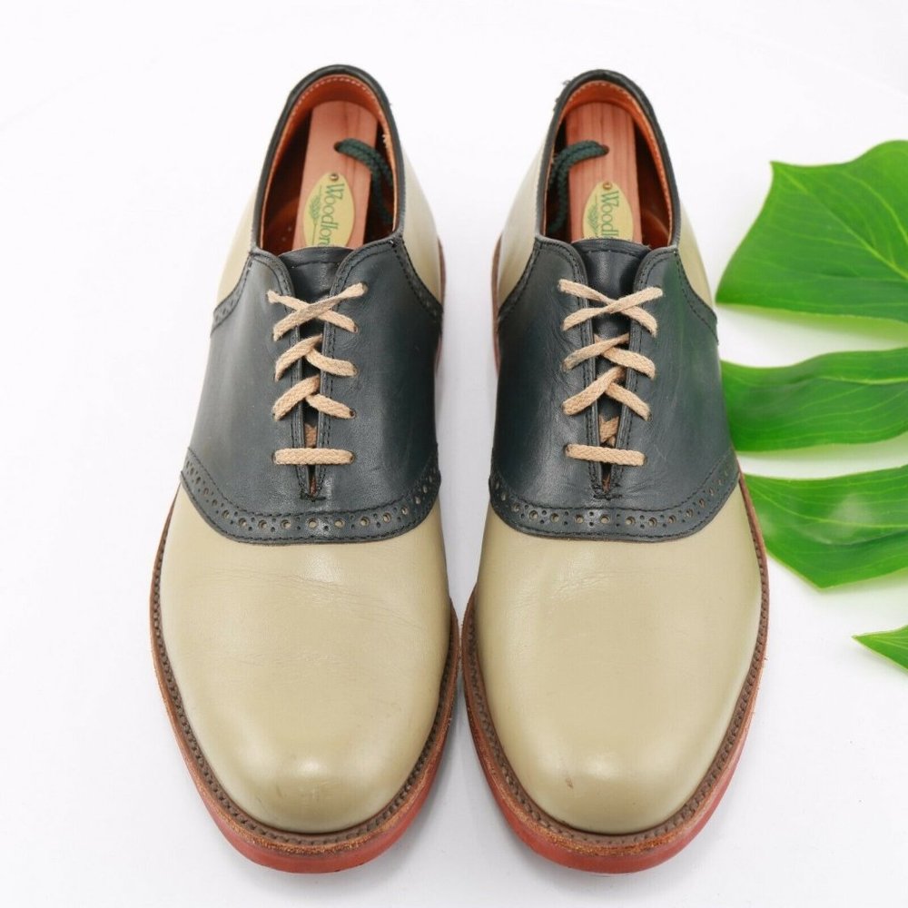 Vintage Cole Haan USA Saddle Oxford Men Size 9.5 D Beige Navy Blue Leather Comfy - Picture 1 of 12